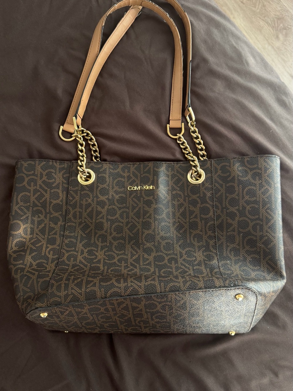 Calvin Klein Brown Monogram Tote with Tan Handles and Gold Hardware